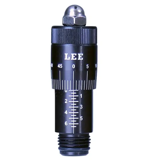 Mikrometrischer Einstellkopf für Pistolen-Setzmatrizen von LEE. Ermöglicht die präzise Einstellung der Setztiefe von Geschossen bei Matrizen, die nicht über eine eingebaute Mikrometerskala verfügen.